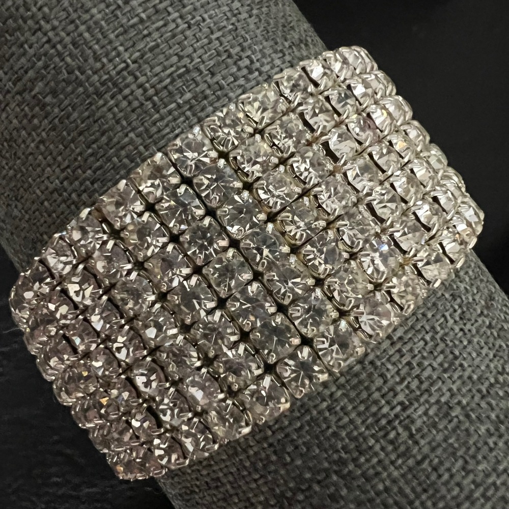 Vintage Silver Tone 7-Row Rhinestone Stretch Wide Cuff Bracelet Size 7 Glamcore